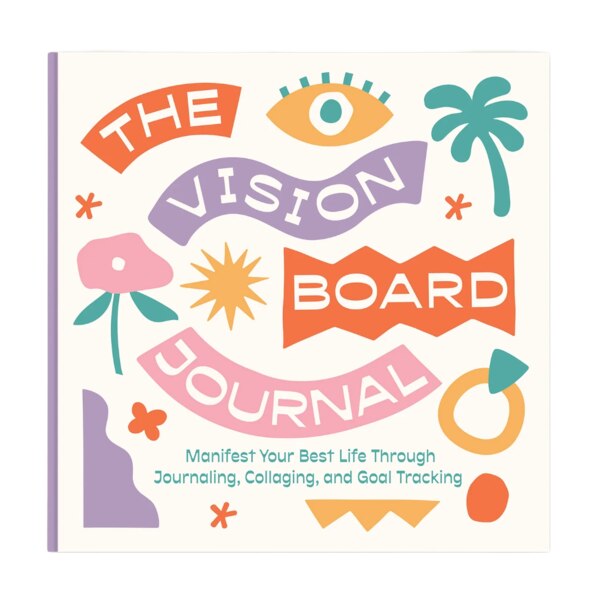 the cover of the journal, binder with colorful illustrations and "The Vision Board Journal. Manifest your best life through journaling, collaging, and goal tracking"
